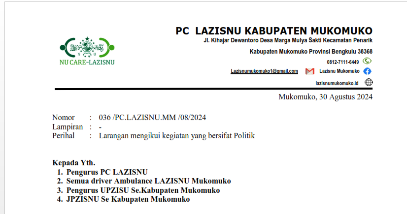 Lazisnu PCNU Mukomuko Larang Ikuti Kegiatan Bersifat Politik